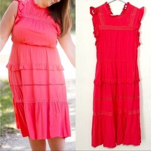 A loves A Tiered Orange Red Ruffle Trim Midi Dress SIZE LARGE